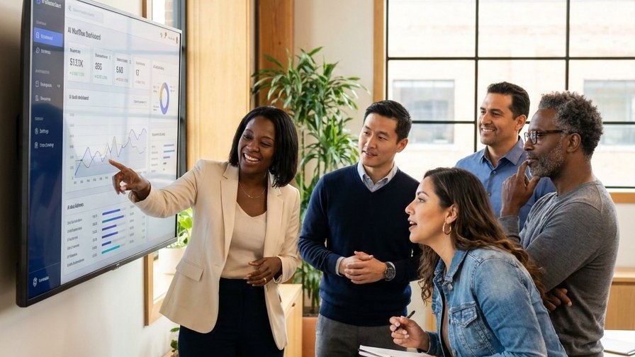 Diverse executive team collaborating around AI workflow dashboard