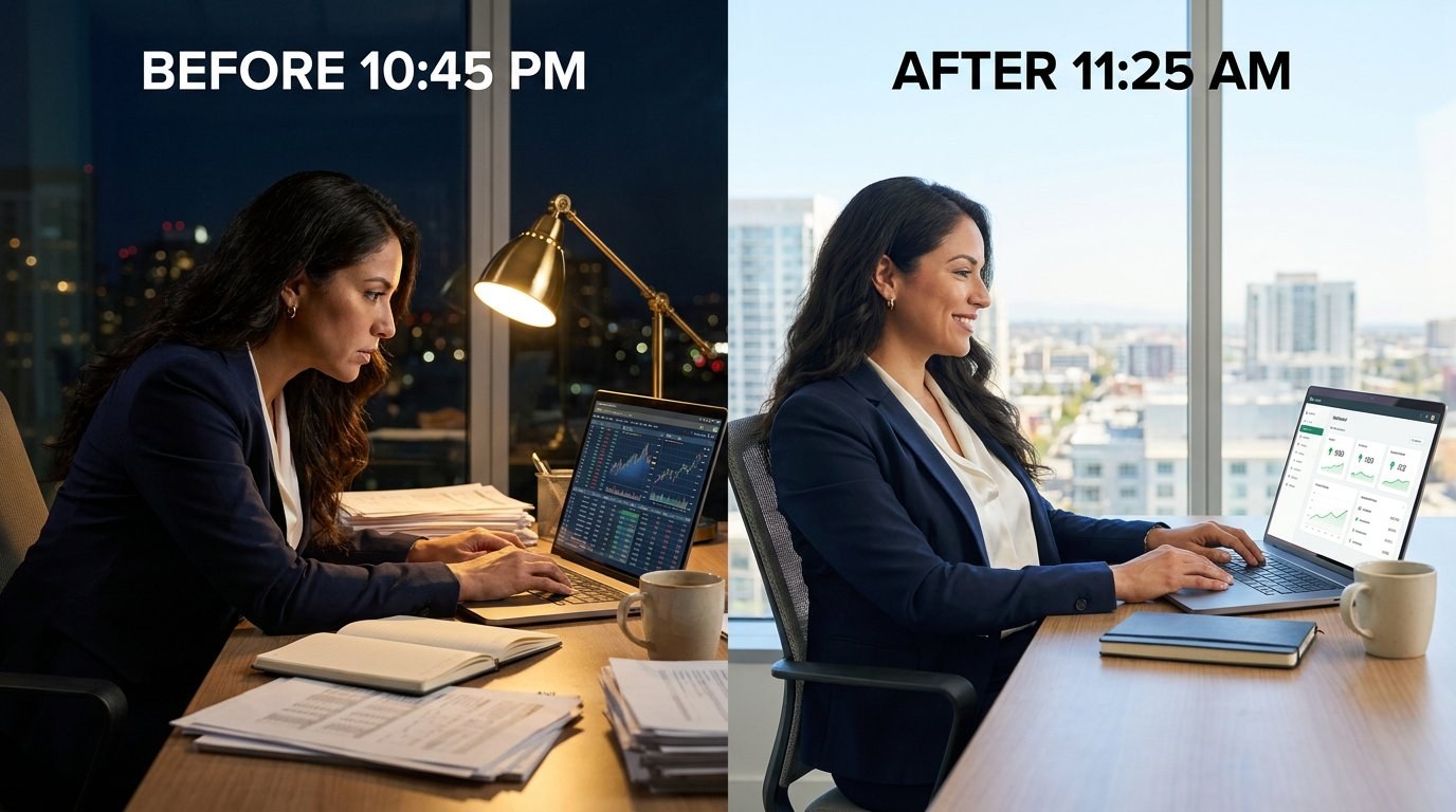Before and after working with Grace Solutions Services — left: 10:45 PM, businesswoman working late at cluttered desk with complex dashboards; right: 11:25 AM, same woman relaxed at clean desk with simple dashboards in bright daytime